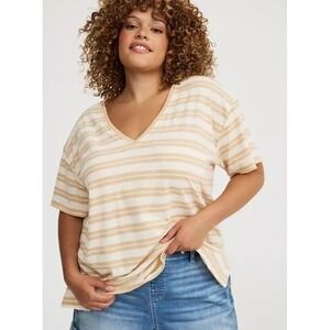 Torrid Oversized Heritage Slub V-Neck T-Shirt Women's 2X Tan Striped Stretch NEW